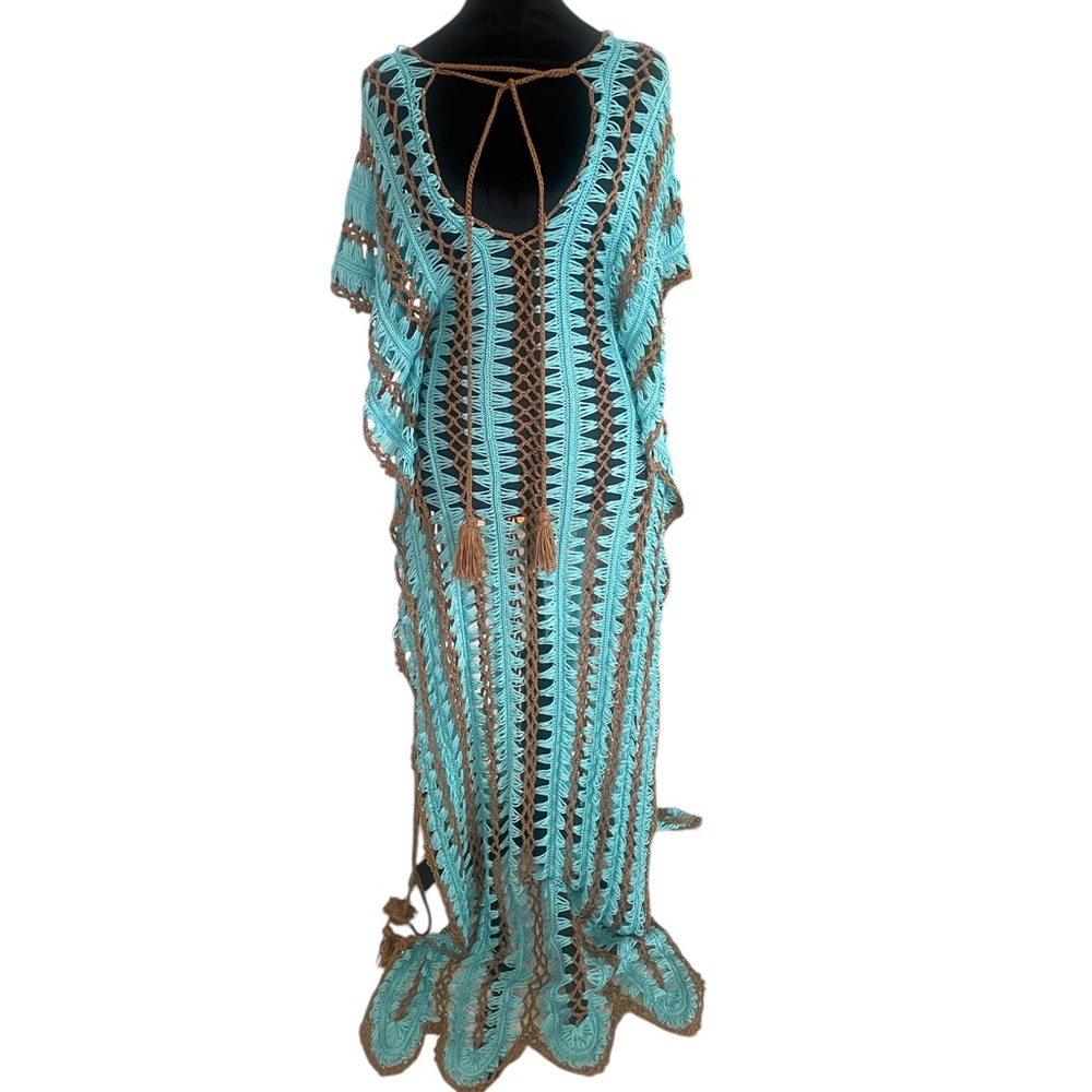 Crochet Tunic,coverup,Turquoise,brown dress,Bohemian,Swim,M/L,New - Picture 9 of 12